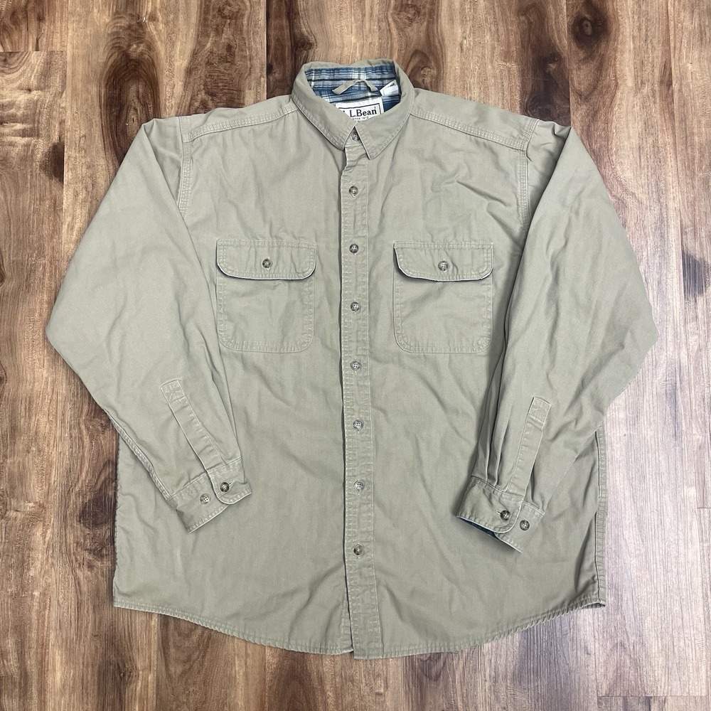LL Bean Shirt Jacket Mens L Tan Canvas Flannel Lined Shacked Chore Field Coat
